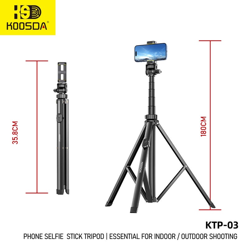 KOOSDA KTP-03 1.8M Selfie Stick Tripod – Reinforced 180CM Extendable Support - Image 1