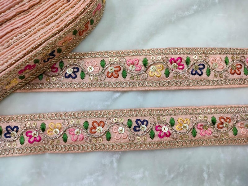 CMHOWLITE Multicolor Embroidery Work Fancy Lace for Lehanga Suit Dresses Sarees Blouses Dupatta and Art Craft Roll of 9 Meter Width 1 inch 254 cm Peach
