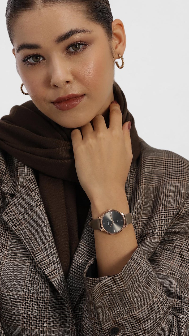 EDGE Titan Quartz Analog Dark Grey Dial Grey Leather Strap Watch for Women - NT2654WL01 - Image 2
