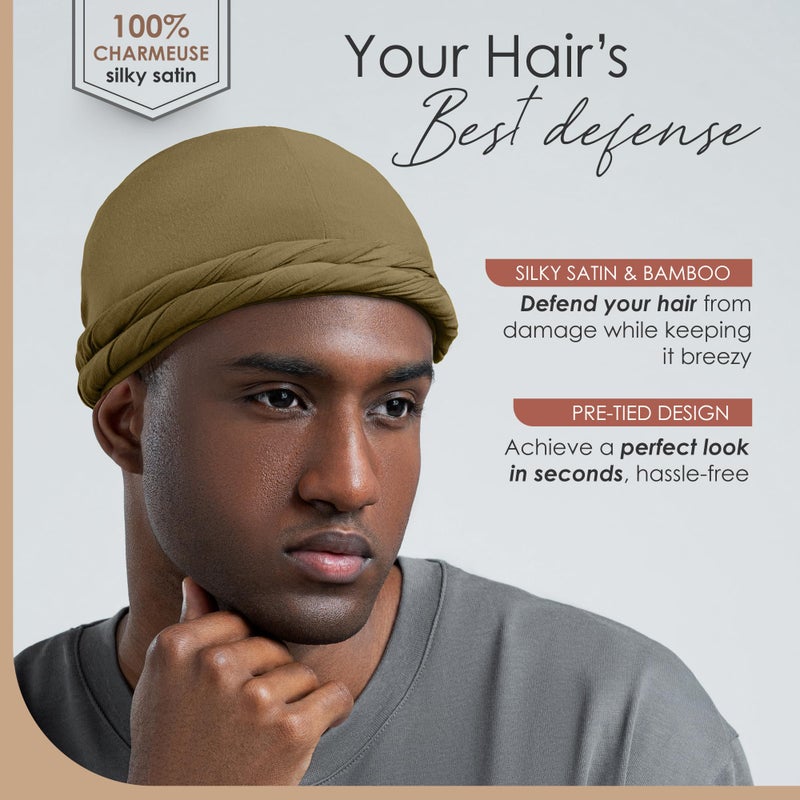 CAPLORD Silk Durag Satin Lined Halo Turban Head Wrap Pre-Tied Skull Cap for Men and Women Sleeping Bonnet Hair Cover Chemo Hair Loss Hat Night Bonnet Olive Green - Image 2