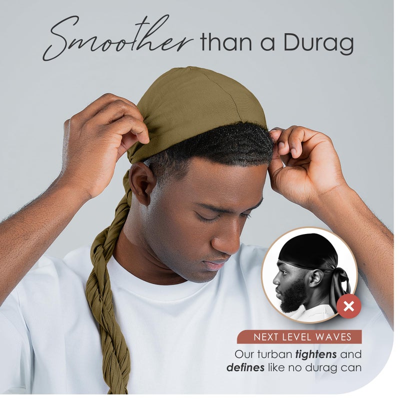 CAPLORD Silk Durag Satin Lined Halo Turban Head Wrap Pre-Tied Skull Cap for Men and Women Sleeping Bonnet Hair Cover Chemo Hair Loss Hat Night Bonnet Olive Green - Image 3