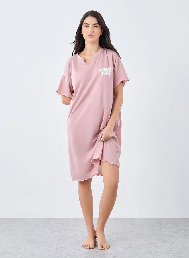 ستايلي Styli Cosmic Vibes Notch Neck Drop Shoulder Sleep T-Shirt Dress
