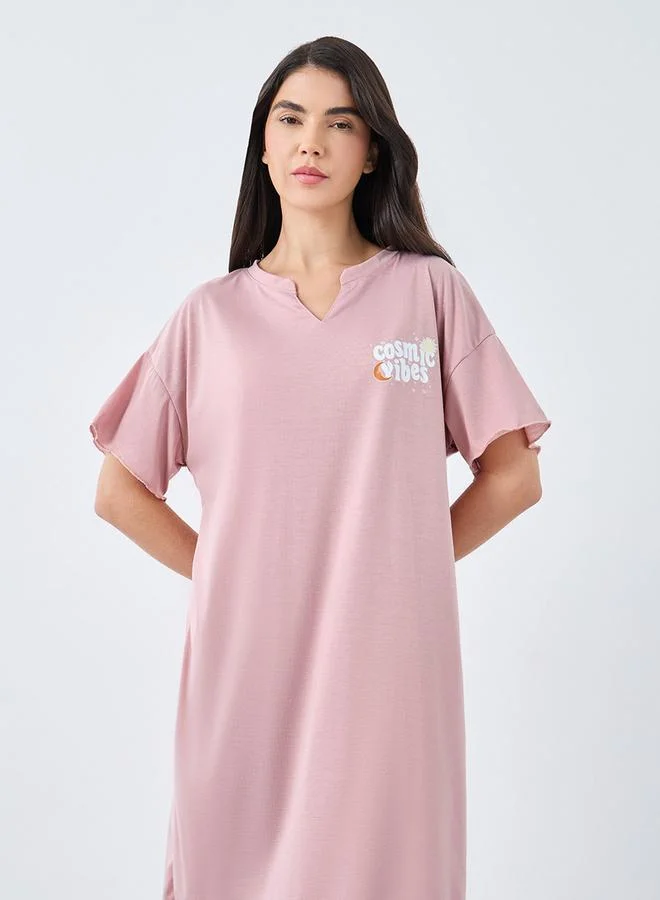 ستايلي Styli Cosmic Vibes Notch Neck Drop Shoulder Sleep T-Shirt Dress