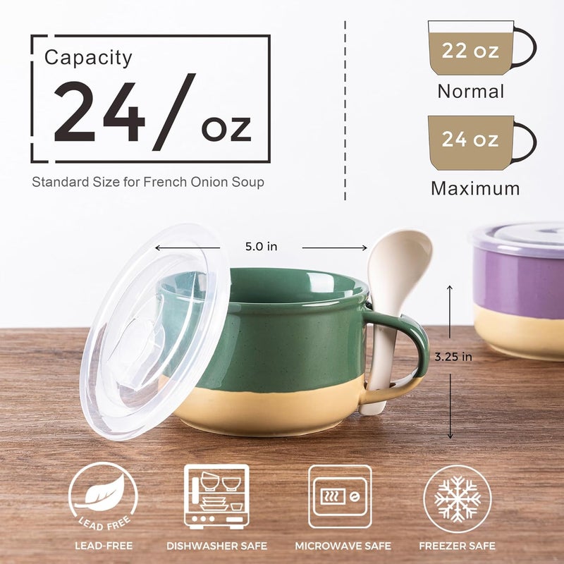 GBhome GBHOME Ceramic Soup Mugs with Handles and Lids24 OZ Soup Cups Set of 4 with Terracotta UndersideMug Bowls with Spoon for SoupCerealSaladNoodlesRamenMicroware Dishwasher SafeMulticolor2  - Image 2