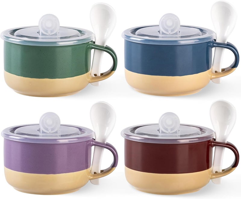 GBhome GBHOME Ceramic Soup Mugs with Handles and Lids24 OZ Soup Cups Set of 4 with Terracotta UndersideMug Bowls with Spoon for SoupCerealSaladNoodlesRamenMicroware Dishwasher SafeMulticolor2  - Image 1