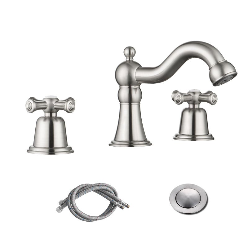 RKF Bathroom Faucets for Sink 3 Hole Brushed Nickel 8 inch Widespread Bathroom Sink Faucet with Drain 2 Handles Cross Knobs Faucet Bathroom Vanity Faucet Basin Mixer Tap CWF033GBN