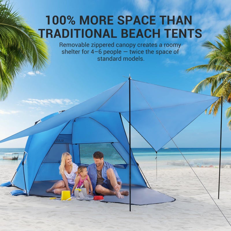 Elegear CumbreXâ„¢ Beach Tent with 360Â° Removable Canopy, 4-6 Person Pop Up Sun Shade Shelter, UPF 50+ Automated Installation Double Silver Coating Portable Lightweight Beach Cabana for Beach/Outdoor - Image 2