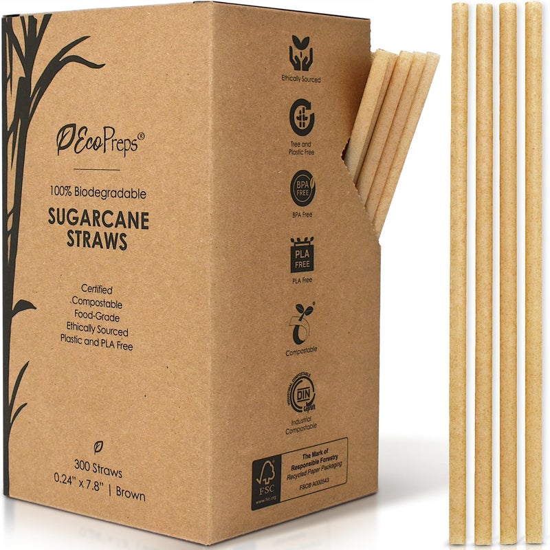 EcoPreps Biodegradable Sugarcane Straws | 300 Count  100% Compostable  Plastic-Free  & Eco-Friendly Drinking Straw | 7.8'' Sugar Fiber Disposable Straws  Smoothie Straw for Home  Restaurant  Parties - Image 1