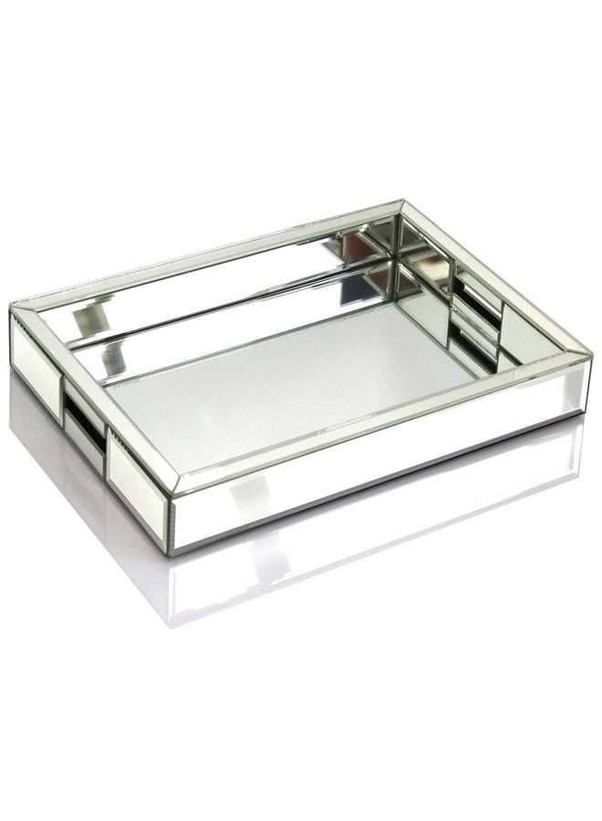 QMDECOR Rectangle Silver Mirror Decorative Tray Size 11” Length x 14” Width x 2” Height, Mirrored Vanity Organizer with Hand, Markup Perfume Jewelry Tray for Bathroom Bedroom Dresser Coffee Table qmdecor - Image 1