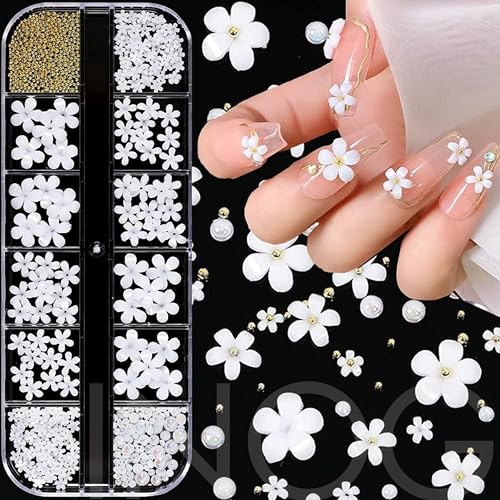 INOG 3D Flower Nail Art Charms, 250pcs White Flowers Rhinestones Kit, Crystal Pearls Flat Design Acrylic Studs Manicures Accessories for Women Girls - Image 1