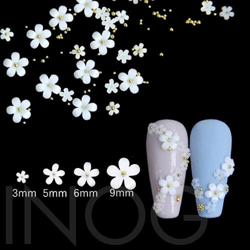 INOG 3D Flower Nail Art Charms, 250pcs White Flowers Rhinestones Kit, Crystal Pearls Flat Design Acrylic Studs Manicures Accessories for Women Girls - Image 5