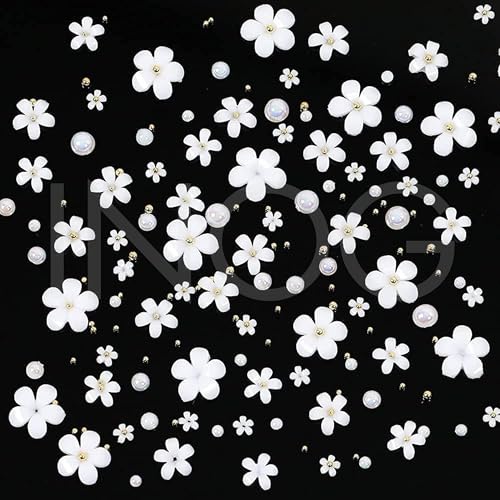 INOG 3D Flower Nail Art Charms, 250pcs White Flowers Rhinestones Kit, Crystal Pearls Flat Design Acrylic Studs Manicures Accessories for Women Girls - Image 3