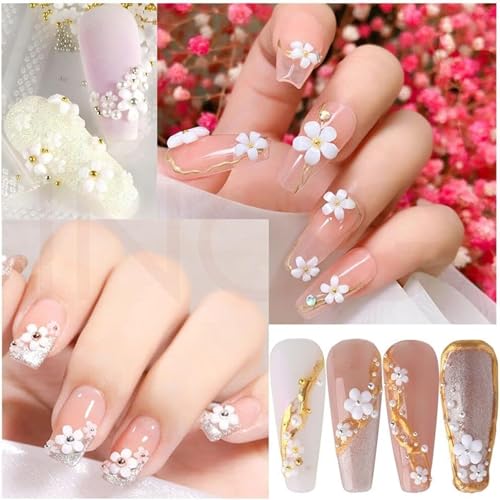 INOG 3D Flower Nail Art Charms, 250pcs White Flowers Rhinestones Kit, Crystal Pearls Flat Design Acrylic Studs Manicures Accessories for Women Girls - Image 4