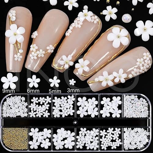 INOG 3D Flower Nail Art Charms, 250pcs White Flowers Rhinestones Kit, Crystal Pearls Flat Design Acrylic Studs Manicures Accessories for Women Girls - Image 2