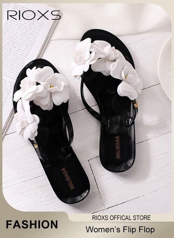 RIOXS Women's 3D Flower Appliques Flip Flops, Elegant Dressy Open Toe Flat Sandals, Non-slip Slip On Flower Thong Sandals for Ladies, Summer Casual Comfy Flat Beach Slippers Vacation Thong Sandals for Beach, Pool, Wear, Street, Home, and Daily Wear, Black - Image 2