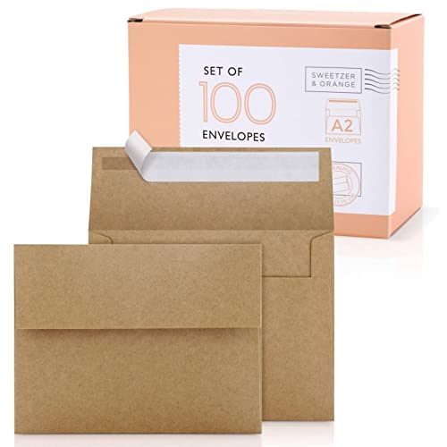 Sweetzer & Orange A2 Envelopes Brown Self Seal Paper Mailers (100 with Box). Luxury 150gsm For Greeting Card and Invitation Holders 4-3/8 x 5-3/4, Photos, Wedding, RSVP Cards Plain Mailing Inserts - Image 5