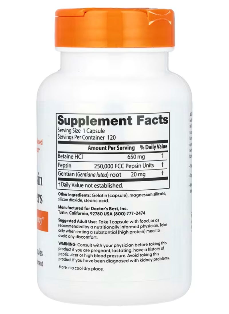 Doctor's BEST Betaine HCl Pepsin & Gentian Bitters 120 Capsules  - Image 2