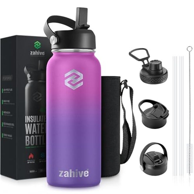 Zahive 1L Insulated Stainless Steel Water Bottle with 3 Lids & Bag - Leak-Proof Flask for Hot & Cold Drinks