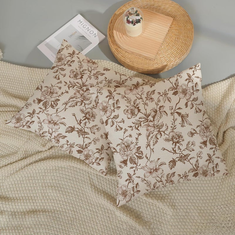 JEFERSO Brown Floral Pillow Covers 16x16 Set of 2 Brown and Cream Chinoiserie Floral Decorative Throw Pillows Vintage Rustic Toile Flower Pillowcase Outdoor Decor Linen Cushion Covers for Couch Sofa - Image 5