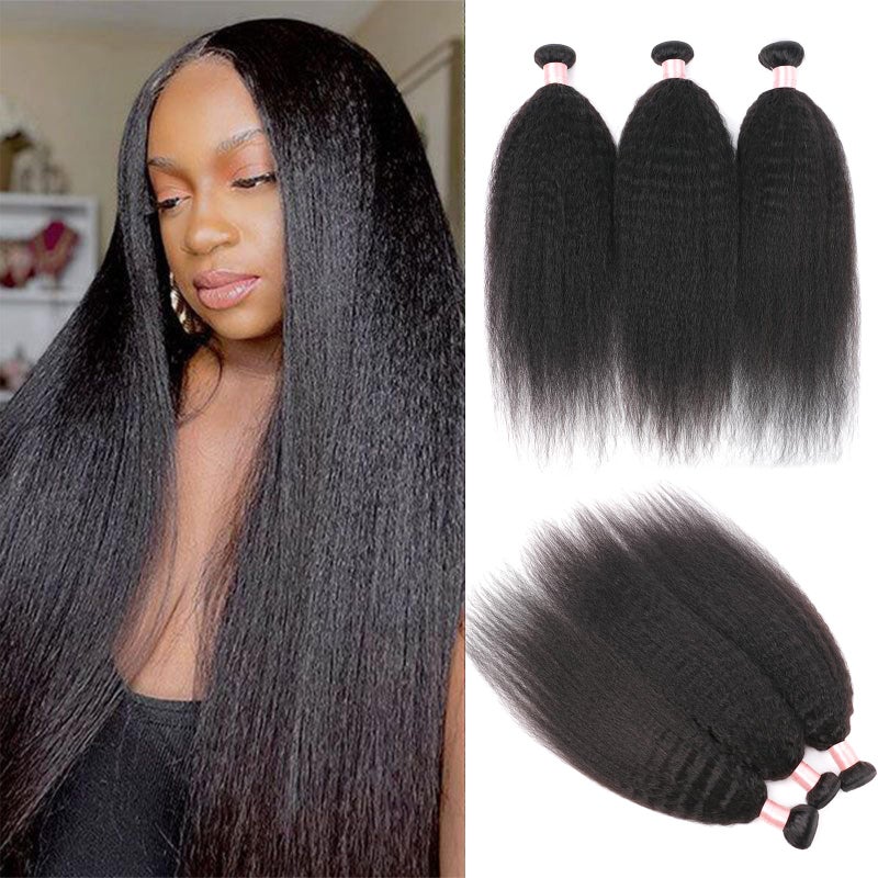 DAIMER Kinky Straight Human Hair 3 Bundles 100GPcs Yaki Straight Human Hair Bundle Unprocessed Brazilian Virgin Human Hair Extensions Double Weft Bundles Sew In Hair Weave Natural Black 14 16 18Inch