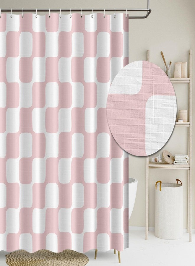 Tititex Retro Checkerboard Grid Pattern 140gsm Faux Linen Fabric Shower Curtain, White Blush Pink Classical Groovy Wavy Checkered Shower Curtain Sets Decoration 72x72 Inch with Hooks - Image 1