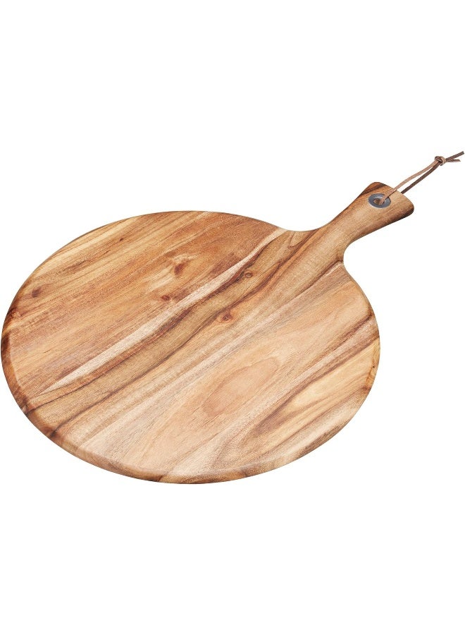 natural elements Acacia Wood Round Serving Paddle, 41X33Cm, Faux Leather Tied Tag - Image 1