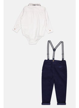 Little Gent Toddlers Boy 4 Piece Solid Bodysuit And Trousers With Bowtie And Braces Set, White/Navy  - Image 2
