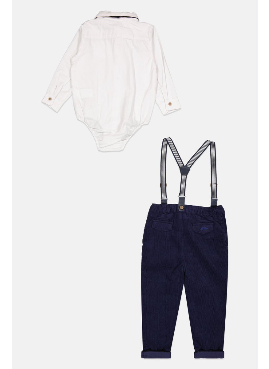 Little Gent Toddlers Boy 4 Piece Solid Bodysuit And Trousers With Bowtie And Braces Set, White/Navy  - Image 2