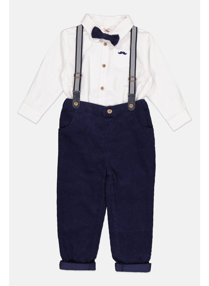 Little Gent Toddlers Boy 4 Piece Solid Bodysuit And Trousers With Bowtie And Braces Set, White/Navy  - Image 3