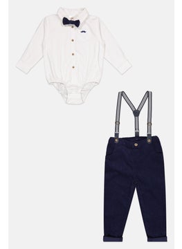 Little Gent Toddlers Boy 4 Piece Solid Bodysuit And Trousers With Bowtie And Braces Set, White/Navy  - Image 1