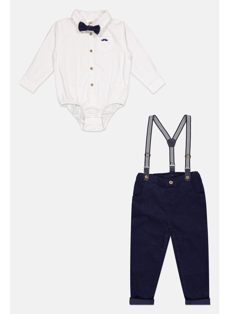 Little Gent Toddlers Boy 4 Piece Solid Bodysuit And Trousers With Bowtie And Braces Set, White/Navy  - Image 1