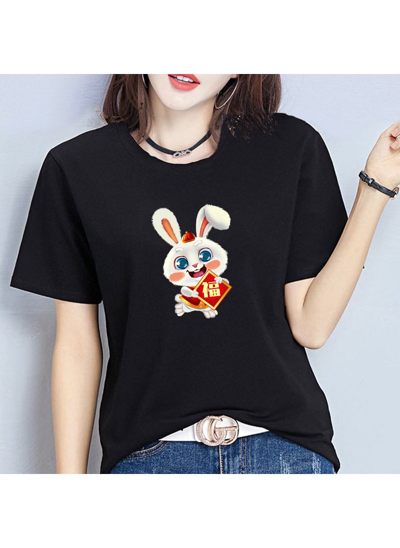 Generic Casual round Neck Short Sleeve T-Shirt Couple Tops Rabbit Year Lucky Year Gift Men Women Activity Wear Milk Silk Polyester Spandex Cartoon Pattern Black  - Image 1