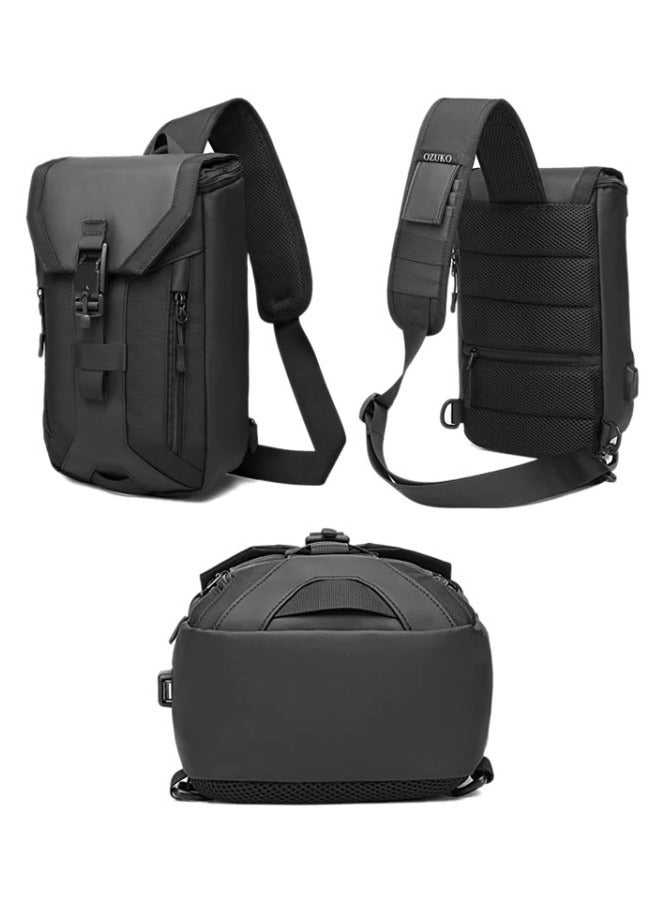 Ozuko Outdoor Multifunctional Sling Bag ,Backpack ,Shoulder ,Chest ,Daypack and Crossbody with External USB Charging Port Fabric Oxford Water Resistant 34*10*20 CM - Black - Image 2