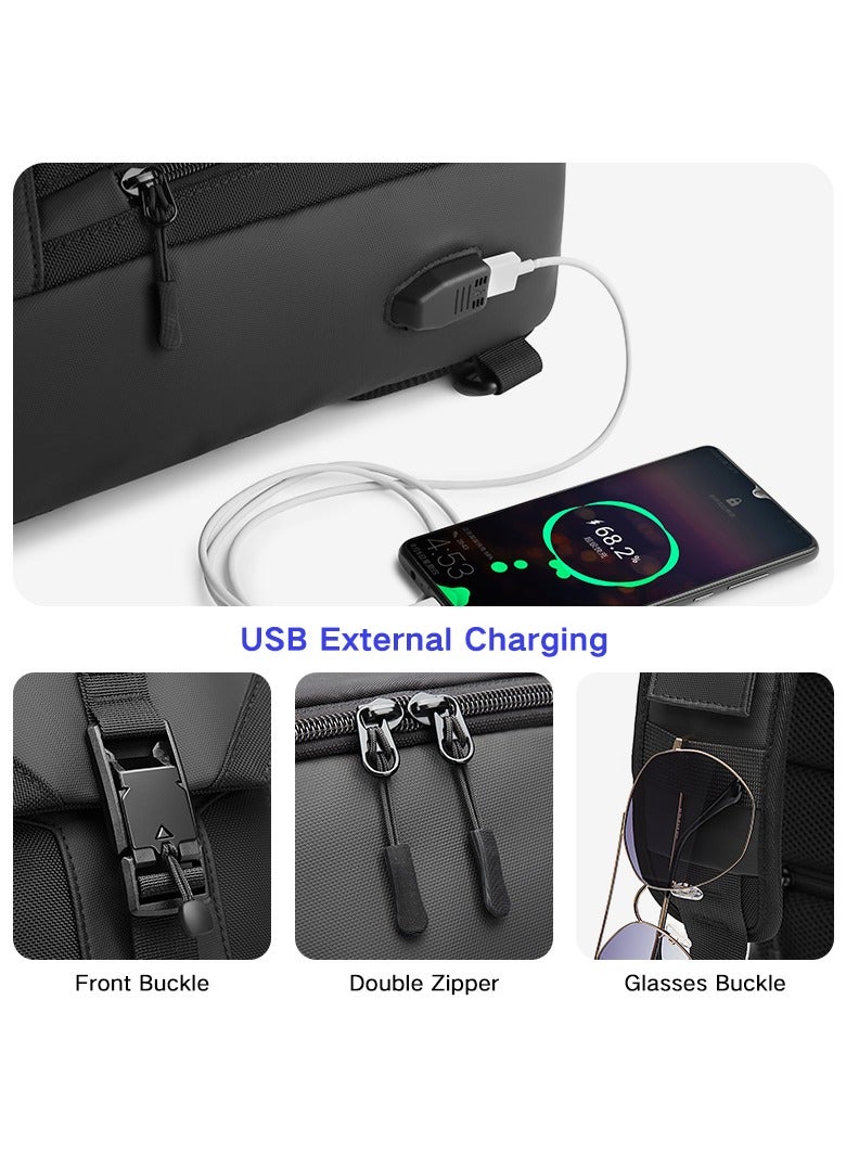 Ozuko Outdoor Multifunctional Sling Bag ,Backpack ,Shoulder ,Chest ,Daypack and Crossbody with External USB Charging Port Fabric Oxford Water Resistant 34*10*20 CM - Black - Image 4
