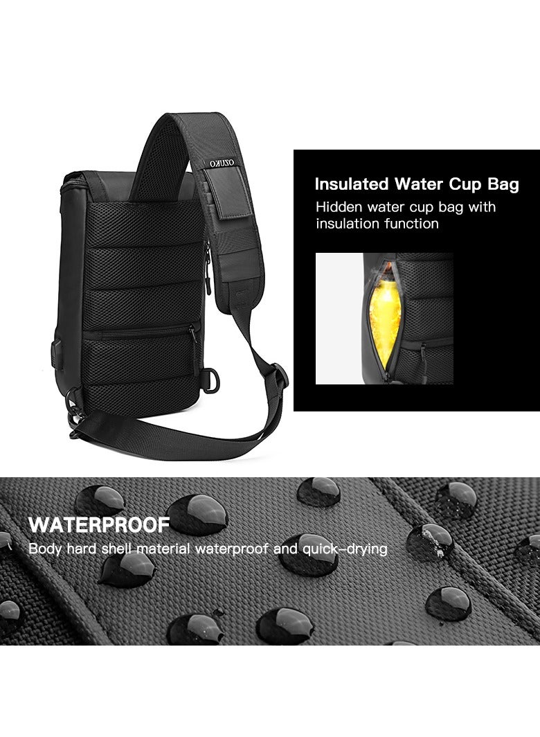Ozuko Outdoor Multifunctional Sling Bag ,Backpack ,Shoulder ,Chest ,Daypack and Crossbody with External USB Charging Port Fabric Oxford Water Resistant 34*10*20 CM - Black - Image 5