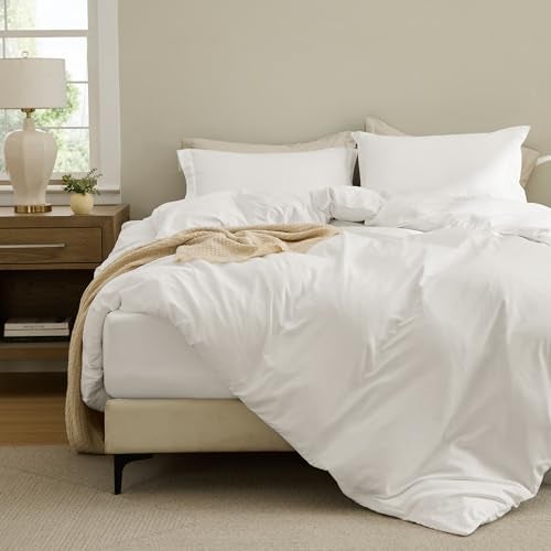 Bedsure Duvet Cover with Fitted Sheet Queen - Warm Deep Pocket, Hotel Luxury Soft Double Brushed Bedding Set with Zipper Closure, 1 Duvet Cover, 1 Fitted Sheet, 2 Pillow Shams, NO Comforter, White - Image 1