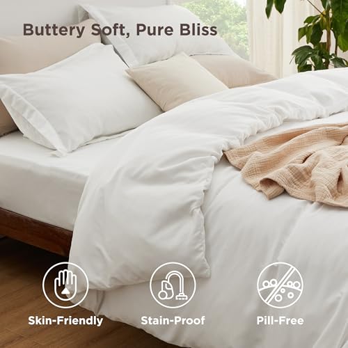 Bedsure Duvet Cover with Fitted Sheet Queen - Warm Deep Pocket, Hotel Luxury Soft Double Brushed Bedding Set with Zipper Closure, 1 Duvet Cover, 1 Fitted Sheet, 2 Pillow Shams, NO Comforter, White - Image 3