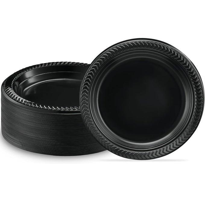 CUISINE ROUND BLACK DISPOSABLE PLATES 6 PACK OF 100 DURABLE MICROWAVE SAFE BLACK DESSERT PLATES PERFECT DISPOSABLE PLASTIC PLATES FOR PARTIES CELEBRATIONS AND EVERY DAY