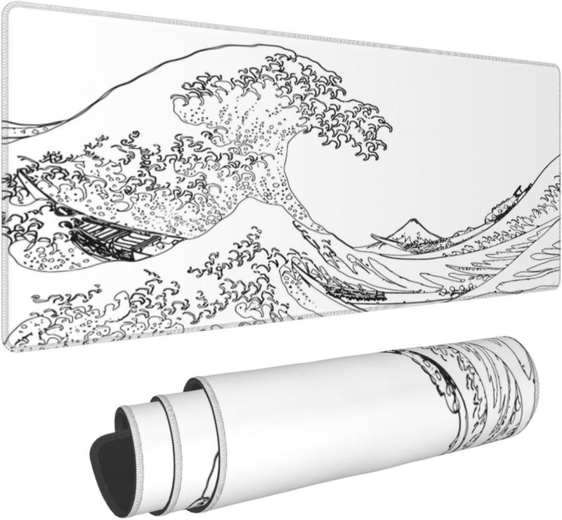 Keebik Gaming Mouse Pad, Great Wave Outline Black and White Mouse Pad 11.8x23.6 Inch Large Extended Computer Mouse Mat Keyboard Full Desk Mousepad for Gaming, Office, Home - Image 1