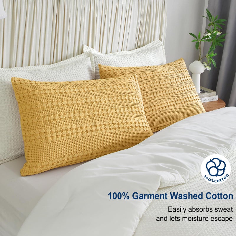 بي أتش إف PHF 100 ٪ وسادات وافل القطن كينغ الحجم 2 حزمة ناعمة تنفس البشرة الصديقة للبشرة وامزجة الزخرفة وافل وسادة وسادة تغطي 20 "× 36" "لا ملء الزنجبيل الأصفر - Image 2