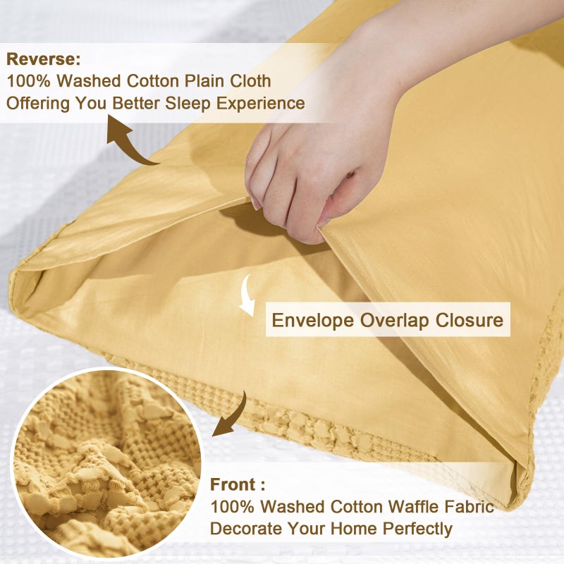 بي أتش إف PHF 100 ٪ وسادات وافل القطن كينغ الحجم 2 حزمة ناعمة تنفس البشرة الصديقة للبشرة وامزجة الزخرفة وافل وسادة وسادة تغطي 20 "× 36" "لا ملء الزنجبيل الأصفر - Image 4