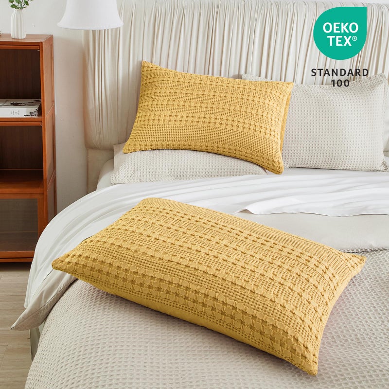 بي أتش إف PHF 100 ٪ وسادات وافل القطن كينغ الحجم 2 حزمة ناعمة تنفس البشرة الصديقة للبشرة وامزجة الزخرفة وافل وسادة وسادة تغطي 20 "× 36" "لا ملء الزنجبيل الأصفر - Image 3