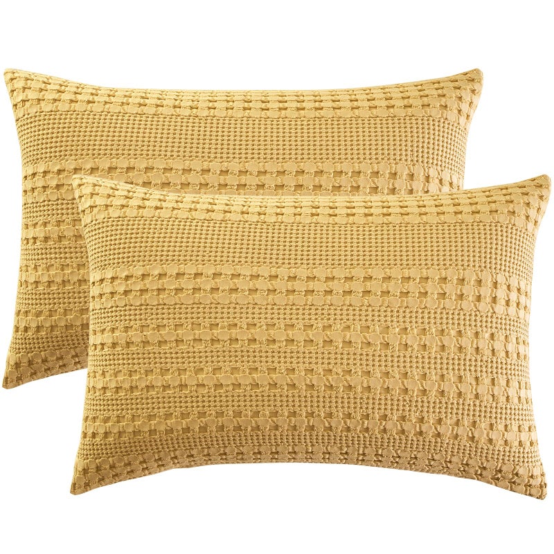 بي أتش إف PHF 100 ٪ وسادات وافل القطن كينغ الحجم 2 حزمة ناعمة تنفس البشرة الصديقة للبشرة وامزجة الزخرفة وافل وسادة وسادة تغطي 20 "× 36" "لا ملء الزنجبيل الأصفر - Image 1