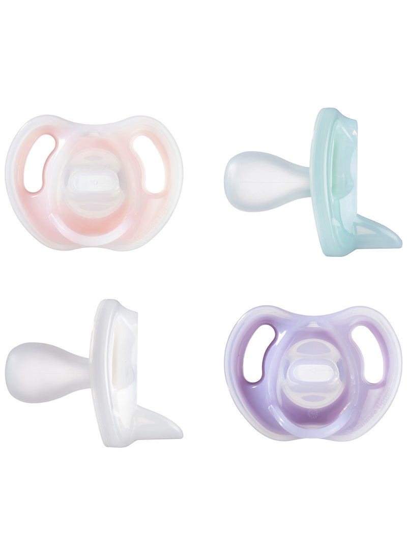 tommee tippee Pack Of 4 Symmetrical Orthodontic Ultra-Light Silicone Soother Dummies, 0 - 6 Months, Girl - Image 1