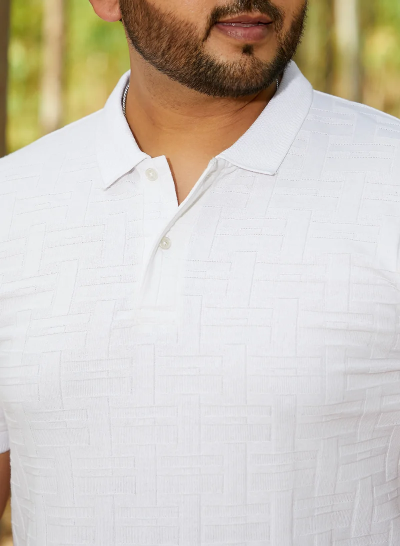 Instafab Plus Instafab Plus Men's Cream White Weave-Textured Polo T-Shirt For Casual Wear | Polo Neck | Short Regular Sleeves | Half-Button Closure | Plus Size T-Shirt Crafted With Comfort Fit For Everyday Wear