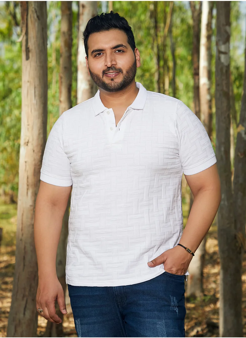 انستافاب بلس Instafab Plus Men's Cream White Weave-Textured Polo T-Shirt For Casual Wear | Polo Neck | Short Regular Sleeves | Half-Button Closure | Plus Size T-Shirt Crafted With Comfort Fit For Everyday Wear