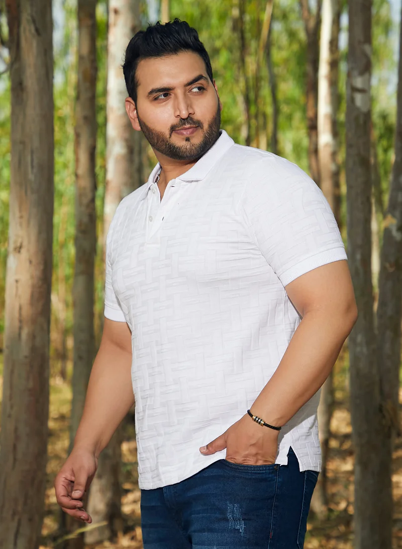 Instafab Plus Instafab Plus Men's Cream White Weave-Textured Polo T-Shirt For Casual Wear | Polo Neck | Short Regular Sleeves | Half-Button Closure | Plus Size T-Shirt Crafted With Comfort Fit For Everyday Wear