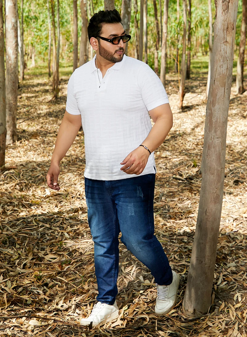 Instafab Plus Instafab Plus Men's Cream White Weave-Textured Polo T-Shirt For Casual Wear | Polo Neck | Short Regular Sleeves | Half-Button Closure | Plus Size T-Shirt Crafted With Comfort Fit For Everyday Wear