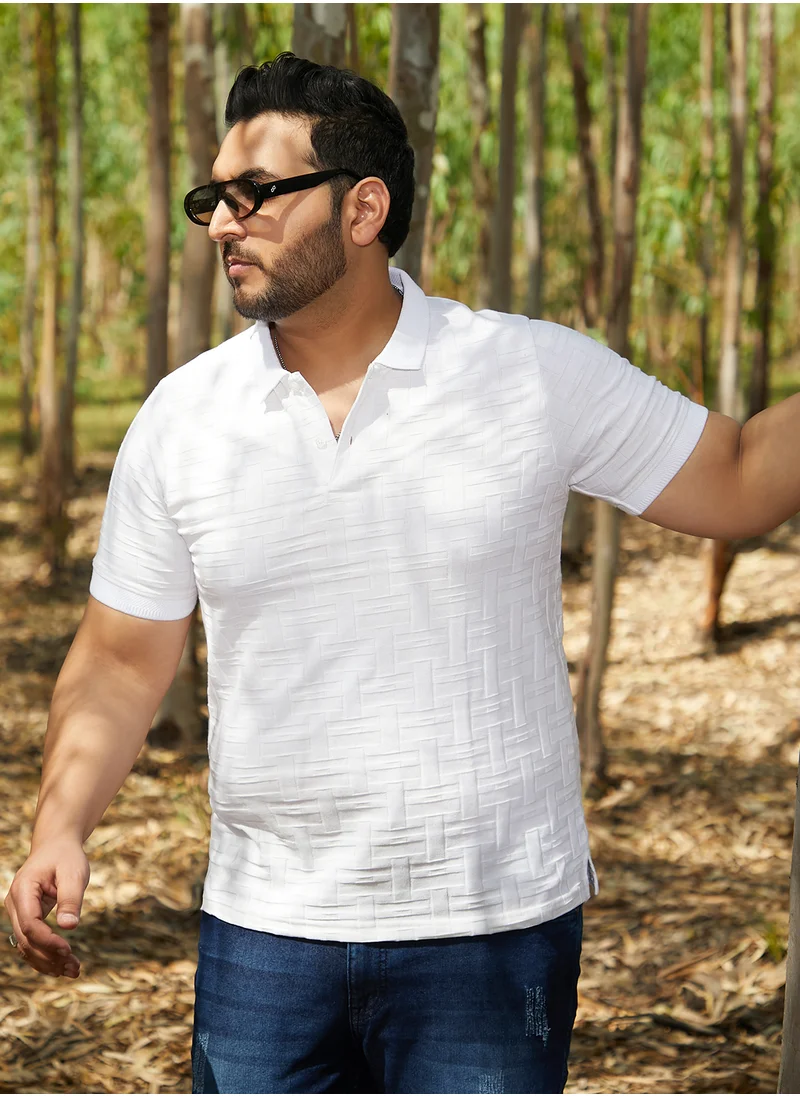 انستافاب بلس Instafab Plus Men's Cream White Weave-Textured Polo T-Shirt For Casual Wear | Polo Neck | Short Regular Sleeves | Half-Button Closure | Plus Size T-Shirt Crafted With Comfort Fit For Everyday Wear