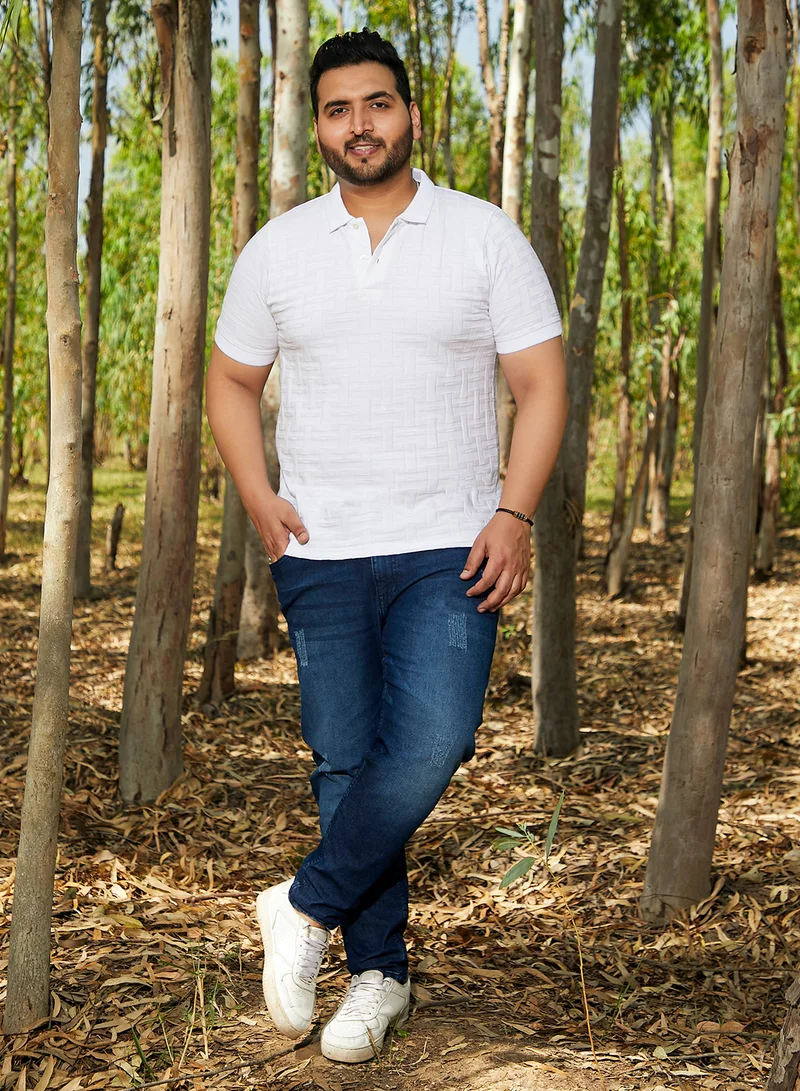 Instafab Plus Instafab Plus Men's Cream White Weave-Textured Polo T-Shirt For Casual Wear | Polo Neck | Short Regular Sleeves | Half-Button Closure | Plus Size T-Shirt Crafted With Comfort Fit For Everyday Wear